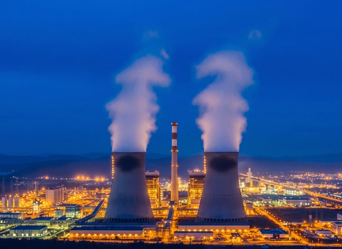 Industrial plant at night with cooling towers